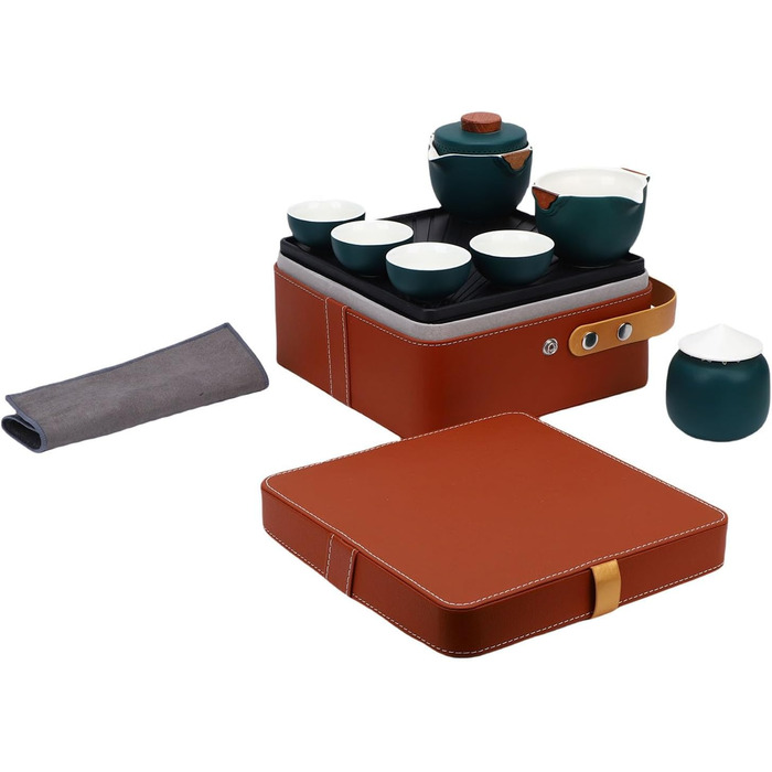 Набір для чаювання в стилі гунфу, преміальна кераміка, портативне зберігання, дорожній набір для чаю. Темно-зелений керамічний чайник з чашками та скринькою для чаю для подорожей, дому та офісу
