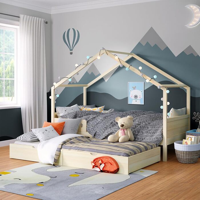 Дитяче ліжко Bellabino Bela 90x200 см Розсувне ліжко-будиночок з поручнями та рейковою основою Дитяче ліжко з гостьовим ліжком для хлопчиків та дівчаток Дерев&39яне ліжко-будиночок Монтессорі з натуральним покриттям та гостьовим ліжком Матрац не входить д