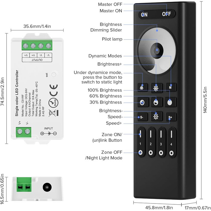 Пульт дистанційного керування RC02RFB&C02RF Комплект контролера 4-зонний радіочастотний 2.4 ГГц бездротовий пульт дистанційного керування Груповий контроль для 3-контактної світлодіодної стрічки CCT (V, CW) DC5V, DC12V, DC24V (для одноколірного, пульта ди
