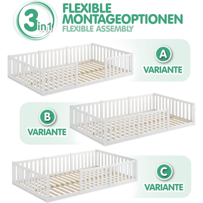 Дитяче ліжко CADANI Teso 120x200 см Ліжко-підлога Монтессорі, вантажопідйомність до 200 кг, із захистом від падіння, включаючи рейкову основу, масив сосни, білий колір - 3 варіанти складання, 120 x 200 см, білий колір