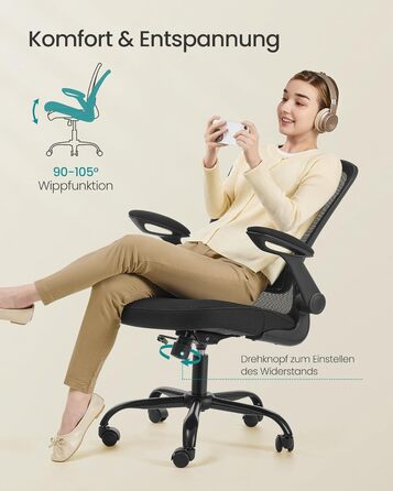 Ергономічне офісне крісло SONGMICS, обертове крісло з сіткою, поперековою частиною та підголівником, функція гойдання, розмір сидіння 53 см, складні підлокітники, для роботи та спальні, для студентів, чорне OBN37BK Чорний без підголівника