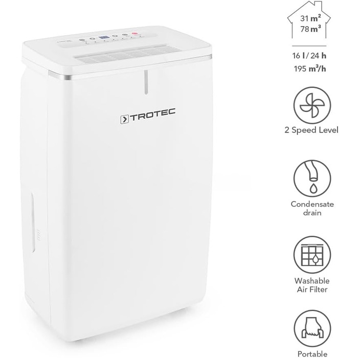 Електричний осушувач повітря TROTEC TTK 72 E продуктивність 16 л/добу для площі 50 м / 125 м з автовідключенням для квартири та спальні