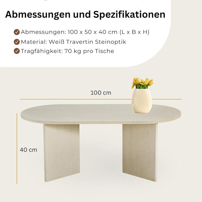 Овальний круглий журнальний столик, білий травертин під камінь 100 x 50 x 40 см (Д x Ш x В) Травертин білий