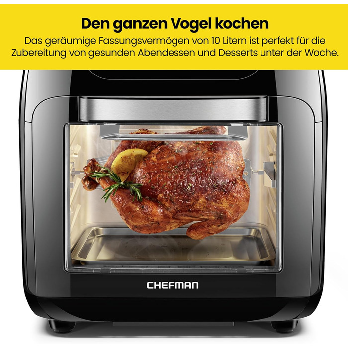 Багатофункціональна цифрова фритюрниця Chefman гриль, дегідратор, конвекція, 17 попередньо встановлених сенсорних екранів, сімейний розмір XL 10 л, автоматичне вимкнення, велике вікно огляду, чорний Великобританія