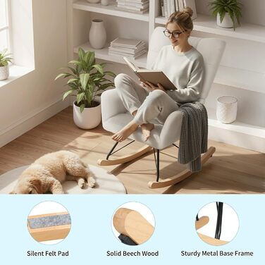 Крісло-гойдалка Clevich для вітальні, крісло-гойдалка з оббивкою з плюшевого тканини, дерев&39яними полозками та металевими ніжками, для вітальні, дитячої кімнати, спальні, вантажопідйомність до 136 кг, білий колір
