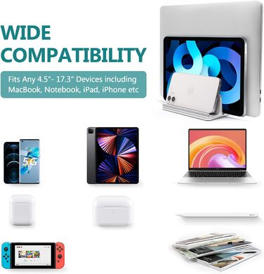 Вертикальна підставка для ноутбука з металу, подвійне регулювання, 4 слоти, для MacBook, HP, Chromebook до 17.5 дюймів (44.5 см) срібляста