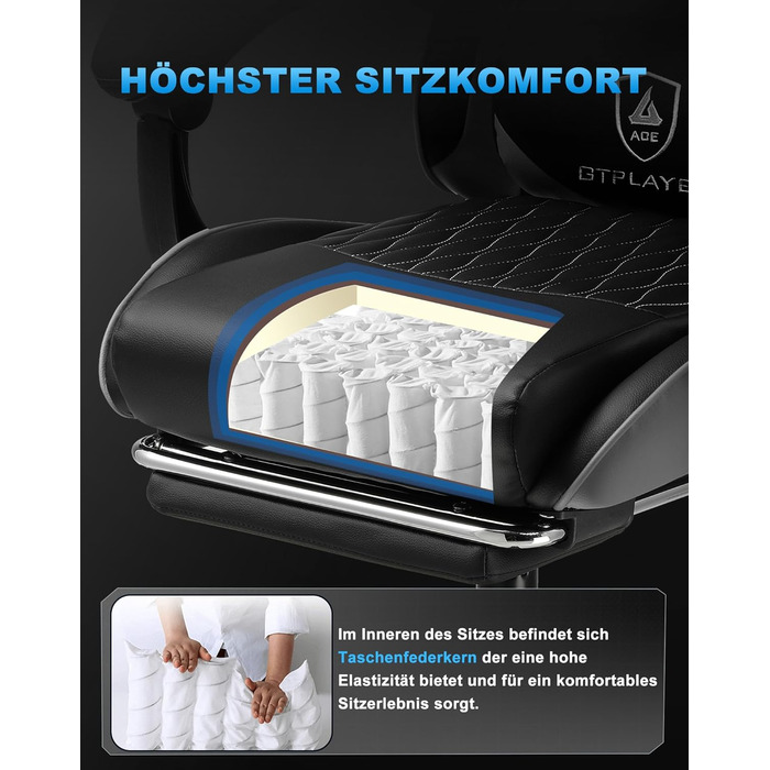 Ігрове крісло GTPLAYER - Ергономічне офісне крісло з регульованою поперековою опорою/підголівником та підставкою для ніг, вантажопідйомність 150 кг, сірий Ігрове крісло, крісло для ПК, письмове крісло