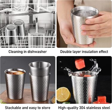 Набір чашок з нержавіючої сталі (5 предметів), штабельовані металеві чашки для пиття об&39ємом 300 мл з подвійними стінками, ударостійкі чарки, туристичні кухлі з молотковим візерунком, ізольовані чашки з нержавіючої сталі для пива, соку, води