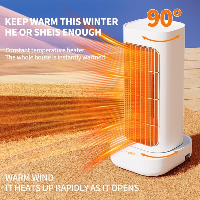 Керамічний вентилятор-обігрівач PTC, швидкий нагрів за 1 секунду, 1200 Вт/1000 Вт, коливання 90 із захистом від перегріву та перекидання, компактний та тихий для спальні та офісу