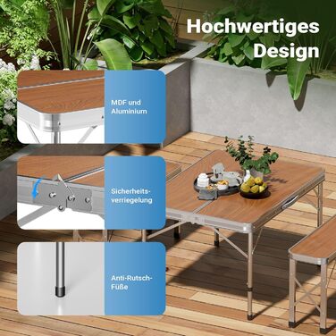 Стіл-валіза Wiltec з 2 лавками, дерев&39яний дизайн, алюміній, 90x66x70 см, розкладний кемпінговий стіл, група сидінь, кемпінгові меблі, вуличний кемпінговий стіл, складаний, 90 x 66 x 70 см