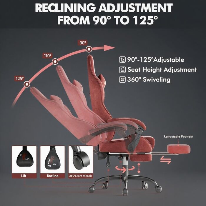 Ігрове крісло Huracan з підставкою для ніг, дихаюче ергономічне ігрове крісло з мікрофібри велюру, ігрове крісло, ігрове крісло з регульованим підголівником та масажною подушкою для попереку, підлокітники (червоні) плоска подушка сидіння, стиль 1 червоний