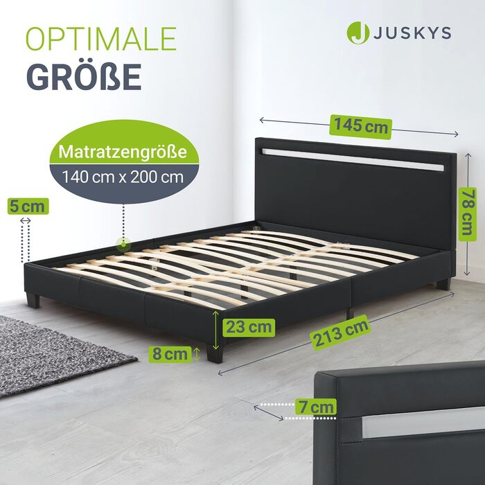 М'яке ліжко Juskys Paris 140x200 см зі світлодіодним підсвічуванням, решітчастим каркасом та узголів'ям - зі штучної шкіри та дере