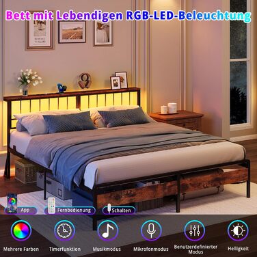 Каркас ліжка IRONCK 180x200, Ліжко зі світлодіодним підсвічуванням та розетками, Місце для зберігання речей під ліжком, 2 розетки змінного струму, 1 порт USB та 1 порт Type-C, Двоспальне ліжко з металевою рейковою основою, 180x200 см