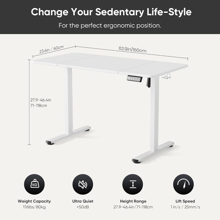 Електричне регулювання висоти столу 160x60 см, регулювання висоти столу з функцією пам&39яті та технологією запобігання зіткненням, колеса, зрощувальна дошка, біла рама/біла стільниця 160 x 60 см, білийбілий