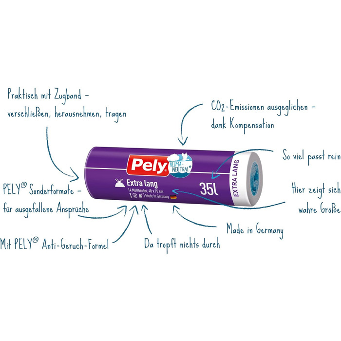 Сміттєві пакети Pely Drawstring Anti-Odor, подовжені на 35 літрів - кліматично нейтралізовані завдяки компенсації, вигідна упаковка 23 x 14 шт.