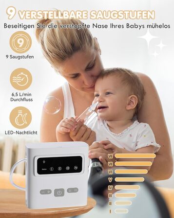 Електричний назальний аспіратор для немовлят, що перезаряджається, з 9 рівнями всмоктування та заспокійливою функцією, із світлом/