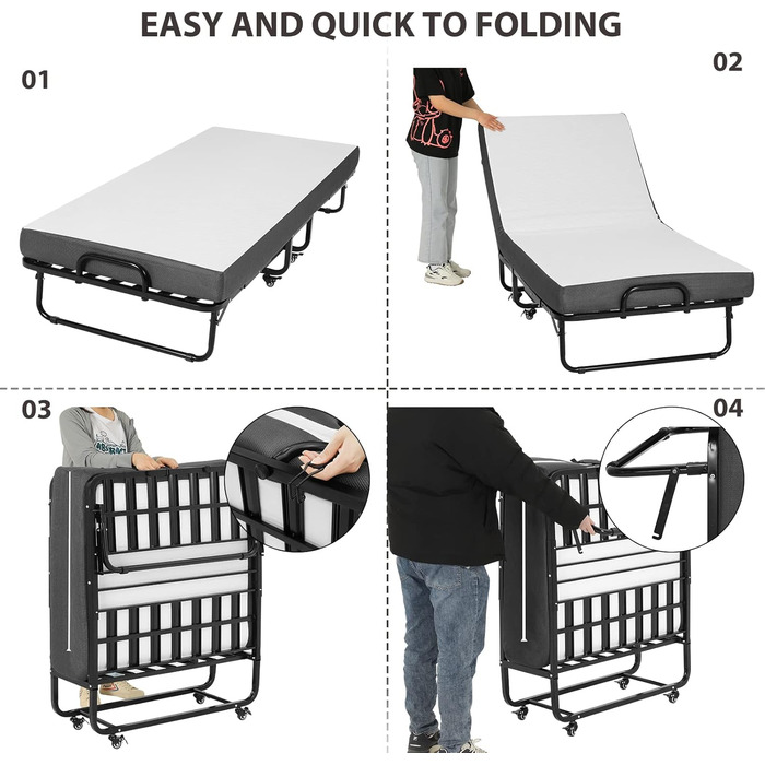 Розкладне ліжко DICTAC 90x200 см для дорослих з матрацом з піни з ефектом пам&39яті приблизно 13 см Гостьове ліжко Розкладне металеве каркасне розкладне ліжко з колесами Дорожнє ліжко Розкладне металеве ліжко Стабільне навантаження до 200 кг Розкладне ліж