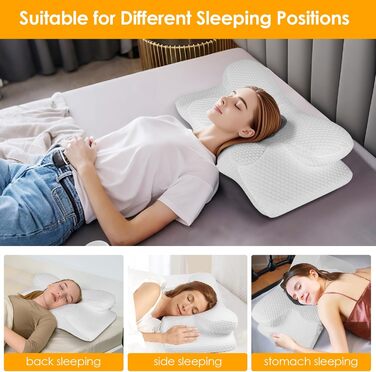 Подушка для шиї з піни з ефектом пам&39яті, ергономічна ортопедична подушка, регульована по висоті, подушка для сну на боці, спині та животі - 63 x 34 см x 9/12 см, біла