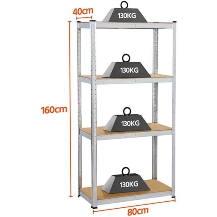 Полиця для зберігання 160x80x40 см Міцна полиця 4 полиці з МДФ Полиця для підвалу Полиця без болтів Полиця для майстерні, 2 шт.