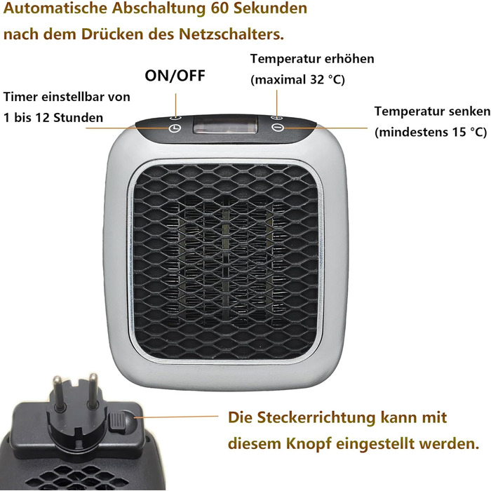 Підключається до мережі, електричний настінний вентиляторний обігрівач потужністю 800 Вт з термокерамічною технологією Цифровий термостат, 12-годинний таймер, керамічний нагрівальний елемент PTC, підходить для ванної кімнати, спальні та офісу