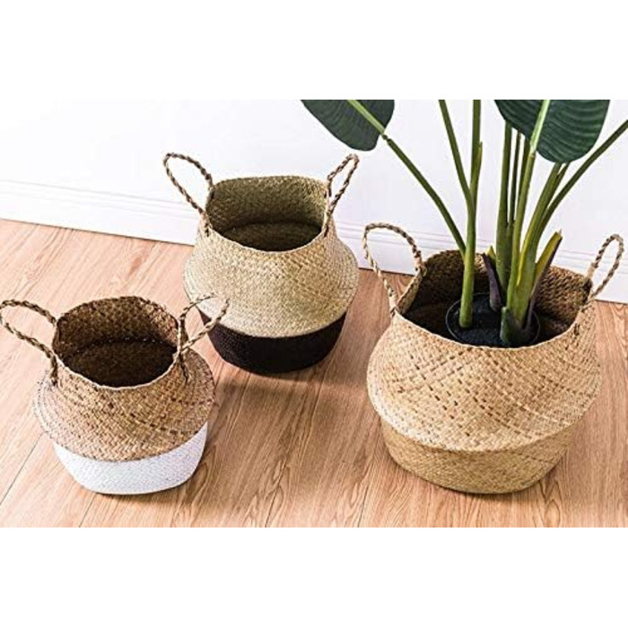 Кошик з морської трави, квітковий горщик, натуральний кошик, плетений кошик для білизни з ручкою для зберігання рослинних іграшок (чорний) Чорна найширша частина 32 x 28 см