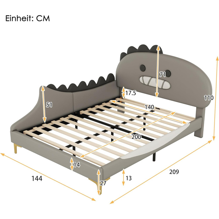 Ліжко 140x200 з рейковою основою, дитяче двоспальне ліжко, форма динозавра, каркас ліжка, молодіжне ліжко, ліжко для хлопчиків та дівчаток, ПУ, без матраца, 140 x 200 см, сірий