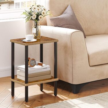 Журнальний столик, маленький столик, вузький журнальний столик, тумбочка з 2 полицями, індустріальний стиль, каркас з дерев&39яного композиту, для вітальні, спальні, офісу, вінтажний коричневий та чорний AETHR7901N1