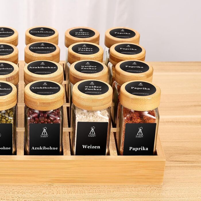 Натуральна бамбукова підставка для спецій з банками, набір шаф для спецій з 24 квадратними банками для спецій, бамбукова підставка для спецій, що підходить для охайної та організованої кухні, натуральний бамбук, 24 квадратні банки