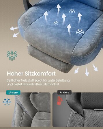 Ігрове крісло SONGMICS, офісне крісло, комп&39ютерне крісло, ергономічний дизайн, з підставкою для ніг, регульований підголівник, поперекова підтримка, вантажопідйомність 150 кг, сірий сланцевий колір OBG077G01, штучна замша сланцево-сірого кольору