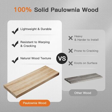 Настінна полиця Pipishell Floating Shelves, дерево павловнії, настінні полиці, дерев&39яні полиці, 3 , для спальні, ванної кімнати, вітальні, кухні, домашнього офісу, пральні, рустикальний стиль