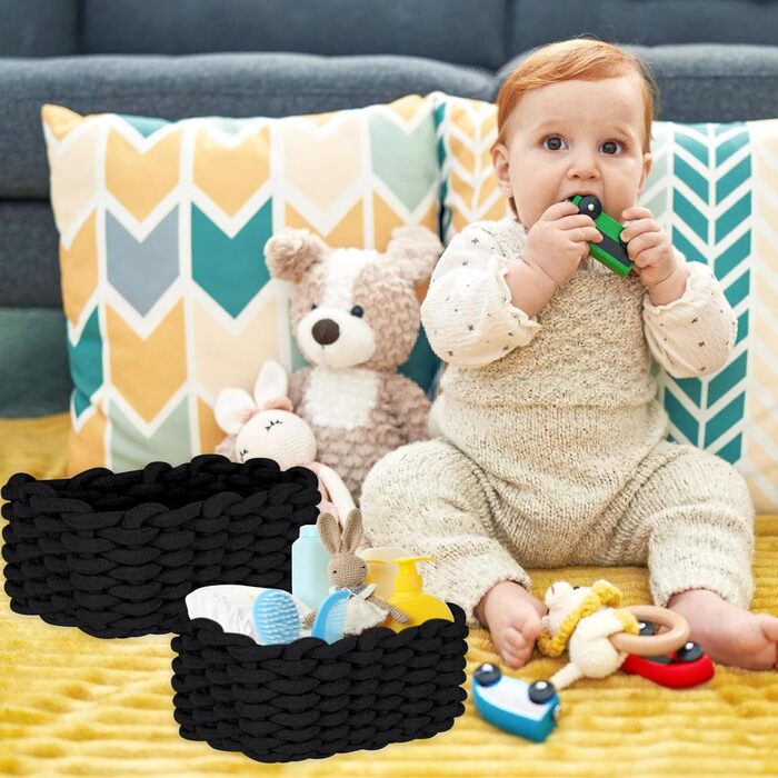 Бавовняні кошики для зберігання, Плетений бавовняний шнур, Кошики для зберігання, Органайзери, Кошики для зберігання для дитячої кімнати, вітальні, ванної кімнати, Розміри D27xH17 см D33xH22 см (Чорні), 2 шт.