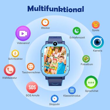 Розумний годинник Blackview Kids, слот для SIM-картки, LBSWiFiGPS-трекер, функція 4G, екстрений виклик SOS, телефонні дзвінки, відеодзвінки, голосовий чат, SMS, шкільний режим, дитячий годинник для хлопчиків та дівчаток, 4G - Прусський синій