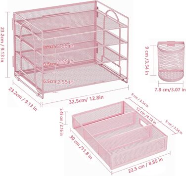 Органайзер для столу Marbrasse, 4-рівневий органайзер для паперу з шухлядою та 2 тримачами для ручок, сітчастий органайзер для домашнього офісного приладдя (рожевий)