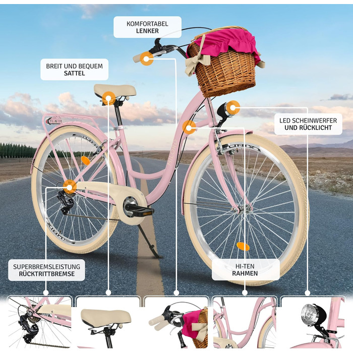 Велосипед Milord Comfort з плетеним кошиком, голландський велосипед, жіночий велосипед, міський велосипед, вінтажний, 28 дюймів, рожево-кремовий, 7 швидкостей