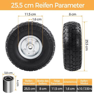 Колесо PU Yaheetech 2 шт. для візка, ØxШ 255 x 80 мм, 4.10/3.50-4, під вісь 16 мм, суцільне, безкамерне, зносостійке - запасне колесо для тачки/візка