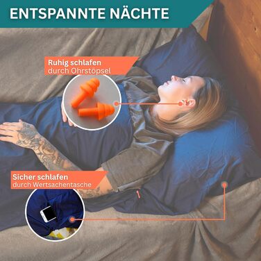 Бавовняний підклад для спального мішка - Ультралегкий та ультратонкий підклад для спального мішка без підкладки - Дорожній спальний мішок невеликого розміру, підкладка з кишенею для подушки - Компактний та маленький, темно-синій