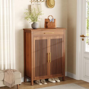 Вузька 5-ярусна взуттєва шафа Tribesigns з рейковими дверцятами та шухлядою Регульована дерев&39яна взуттєва полиця для передпокою, коридору та гардеробу 80 x 36 x 110 см, Коричневий