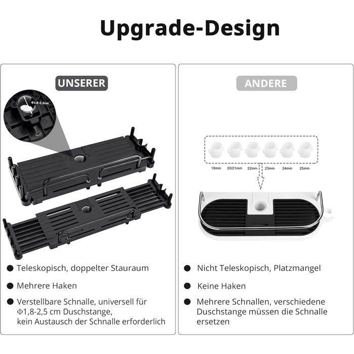 Душова полиця LOLYPOT без свердління телескопічна 32-48см, Душова полиця для підвісного органайзера для ванної кімнати, Душова пол