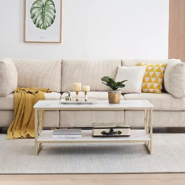 Журнальний столик 110x50 см - Білий стіл для вітальні з місцем для зберігання, столики для дивана з МДФ під мармур, сучасний журнальний столик для вітальні 110 x 50 см білий