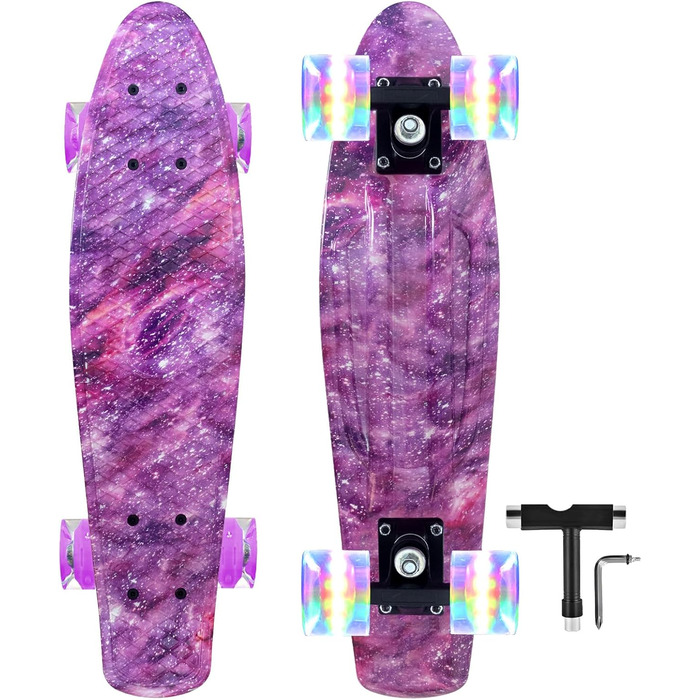 Скейтборд Nattork Mini Cruiser 22" Purple (Lila Stern) – ретро міні-круїзер з LED-підсвічуванням PU коліс, для дітей та початківців