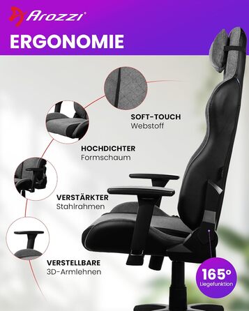 Ігрове крісло Arozzi Avanti Ергономічне ігрове крісло з мякої тканини, регульоване по висоті з регульованою спинкою та підлокітниками, підголівником, шведський дизайн для домашнього офісу та ігор Попелясто-сірий