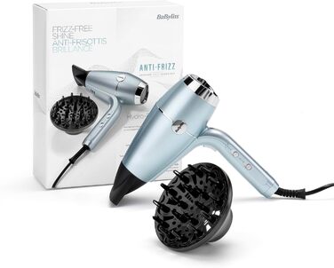 Фен BaByliss Hydro-Fusion з дифузором професійний іонний фен 2100 Вт для стайлінгу без пухнастості, плазма-технологія для блиску, легкий дизайн, 3 рівні температури та 2 режими обдуву, синій, D773DE