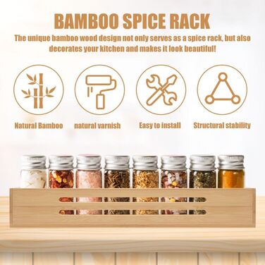 Секційна бамбукова підставка для спецій настінна з гвинтом, клейка наклейка бамбукова підставка для спецій тримач для спецій можна використовувати на дверцятах шаф або холодильника, стоячи або підвішуючи, для дому, офісу, кухні, ванної кімнати, 2-