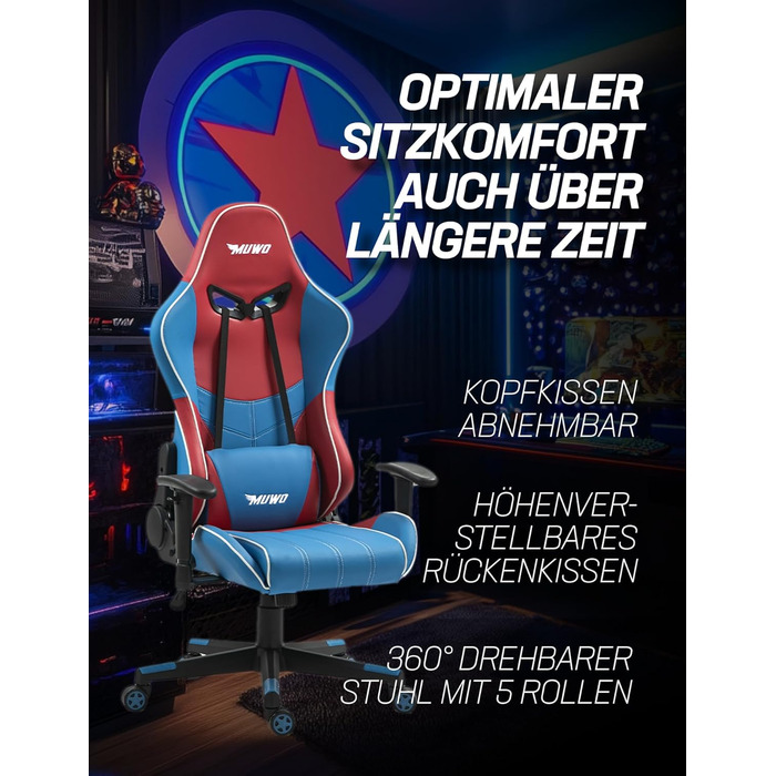 Ігрове крісло MUWO Hero для кіберспорту ергономічне з регульованою спинкою (від 90 до 170), регульованим по висоті сидінням, знімними подушками для голови та спинки та функцією повороту на 360 (жовтий/червоний)