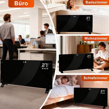 Електричний конвекторний обігрівач Citybee - скляний обігрівач з термостатом, енергозберігаючий, тихий, окремостоячий скляний конвектор - електричний радіатор з пультом дистанційного керування та сенсорним дисплеєм, таймер, 2000 Вт, до 30 м