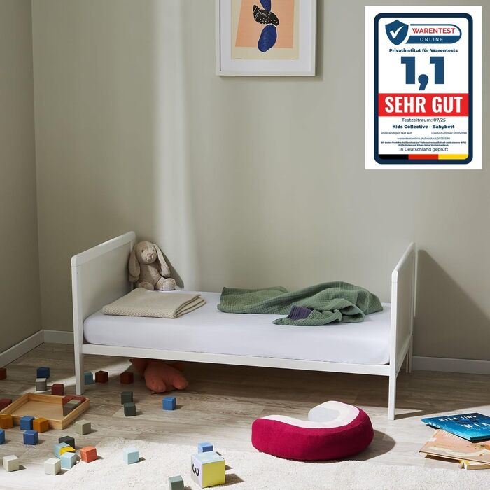 Дитяче ліжко-трансформер Kids Collective з матрацом, дитяче ліжко, ліжечко, бічне ліжко 60x120 см, захист від падіння, повний комплект дитячого ліжка для малюків, регульовані по висоті та знімні ламелі, дерево, біле, 60 x 120 см білий матрац