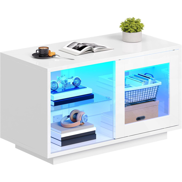 Білий журнальний столик YITAHOME, глянцевий стіл для вітальні з сучасним світлодіодним освітленням, білий бічний столик з відкритою регульованою полицею для демонстрації, 80x40x45 см