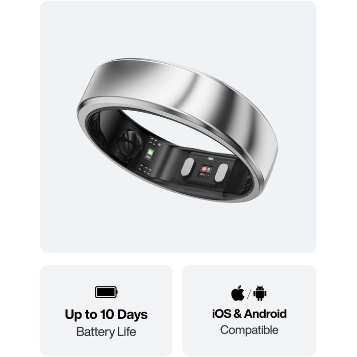 Надтонке смарт-кільце зі штучним інтелектом, 10-денний час роботи від батареї, трекер сну/стресу/серцевого ритму, смарт-кільця для чоловіків, водонепроникність IP68, сумісність з iOS та Android (Galaxy Silver, 8) 8 Silver, 2 Air