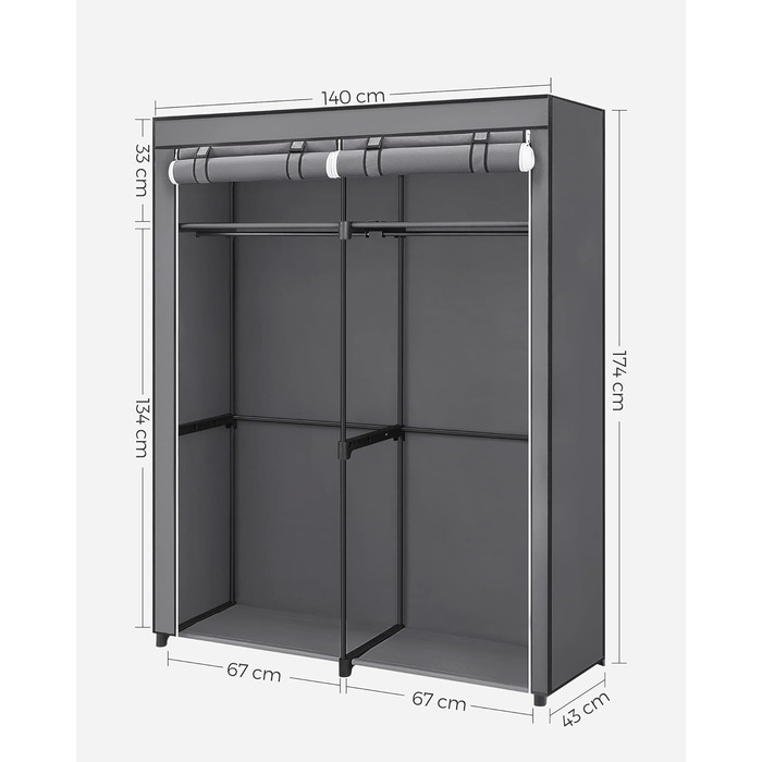 Портативна шафа для зберігання SONGMICS з підвісною штангою, складна, гардероб, спальня, кабінет, 140 x 43 x 174 см, сірий RYG02GY