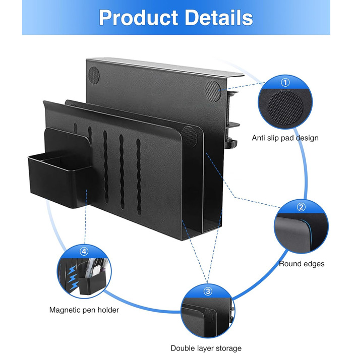 Підставка для ноутбука та планшета на стіл, бічна полиця для зберігання, двоярусна з тримачем для ручок (чорна)